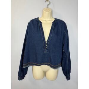 Pilcro Cropped Denim Peasant V Neck Blouse Blue Women's L